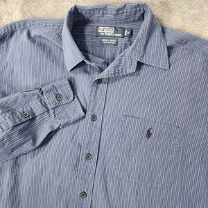 Polo Ralph Lauren Lowell Sport Medium Blue Striped Cotton Button Up Black Pony